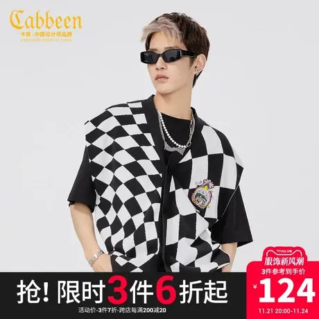 卡宾男装棋盘格马甲外套春夏款潮流宽松小怪兽刺绣无性别上衣W图片