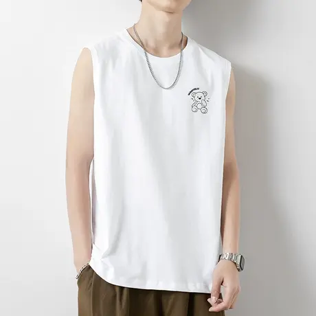 男士背心2024新款夏季纯棉小熊无袖t恤潮流白色运动坎肩篮球健身商品大图
