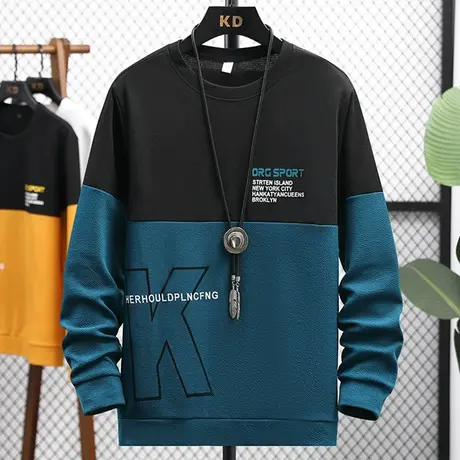 圆领卫衣男款春秋季拼接撞色长袖t恤新款潮流少年印花宽松打底衫T商品大图