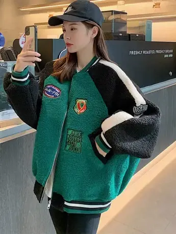 欧洲站冬季字母刺绣棒球服外套女撞色拼接羊羔毛绒加厚夹克上衣潮商品大图