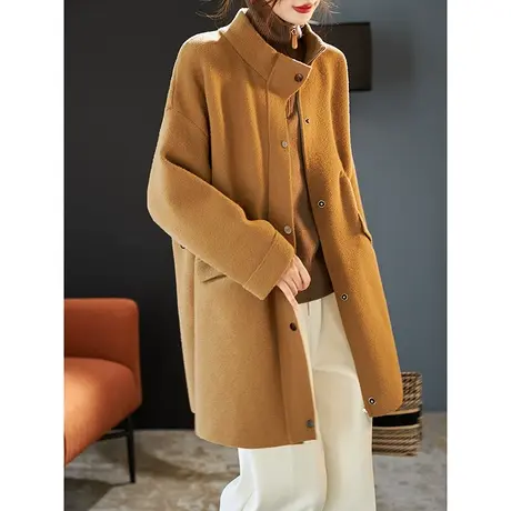 宝诗黎小立领抽绳收腰毛呢外套女中长款2023年新款宽松韩版秋冬装商品大图