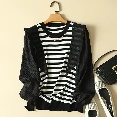 冰丝针织衫女长袖春装2024年新款雪纺袖宽松上衣洋气蕾丝打底衫女图片