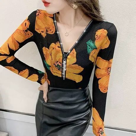 女装2024新款潮性感V领拉链T恤时尚印花上衣百搭打底衫女长袖春秋商品大图