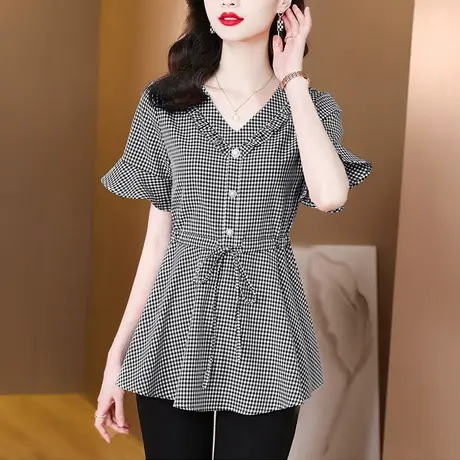 中长款雪纺衬衫女2023夏季新款短袖格子大码衬衣胖MM收腰遮肚小衫图片