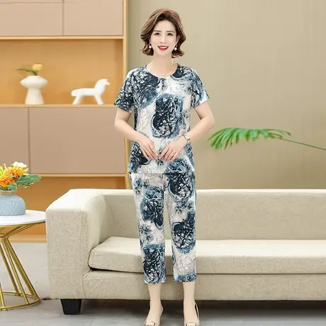 中老年薄款冰丝套装夏季大码妈妈肥妈休闲女装80岁老年人短袖上衣商品大图