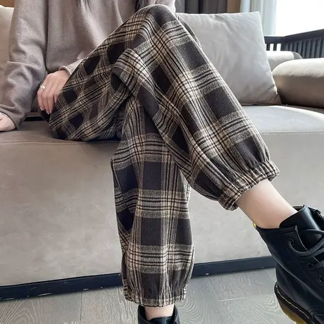 咖啡色毛呢裤女秋冬2023新款高腰显瘦休闲束脚老爹阔腿格子哈伦裤商品大图
