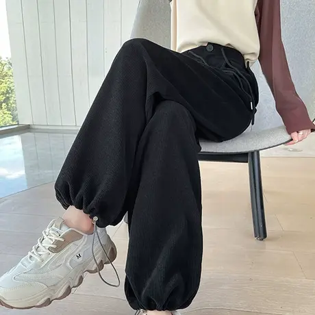 黑色雪尼尔阔腿裤女秋冬新款高腰设计感显瘦宽松加厚直筒休闲裤子商品大图