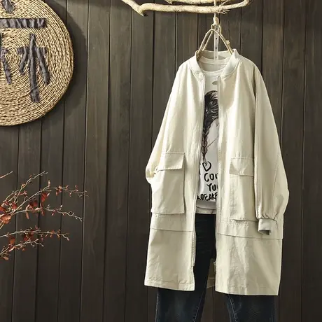 枫谜秋装新款文艺复古中长款风衣外套女韩版休闲宽松立领外套上衣商品大图