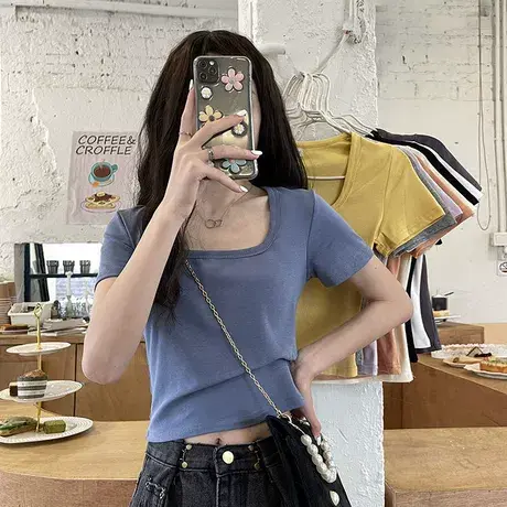 方领纯棉t恤短袖2024新款女夏季短款正肩修身chic上衣辣妹风ins潮商品大图