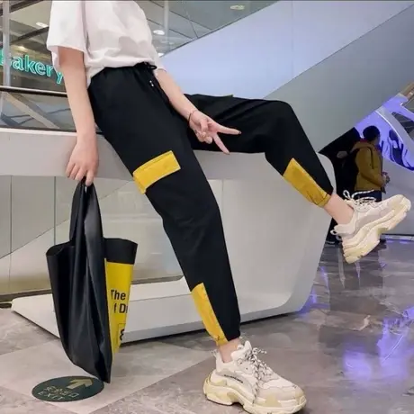 美式抽绳束脚工装裤女2024年秋季宽松小个子显瘦大码休闲阔腿裤子图片