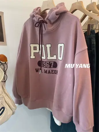 一件入冬~韩国水晶绒 细腻手感连帽撞色抽绳保暖加绒加厚卫衣女图片