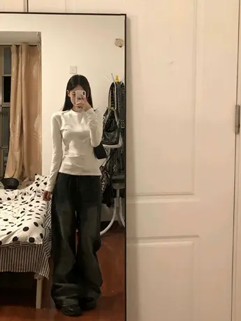 初秋穿搭白色仿棉长袖t恤2023新款春秋装冬季加绒内搭打底衫上衣商品大图