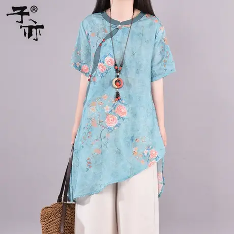 子亦夏装新款民族风苎麻衬衫盘扣圆领印花不对称显瘦衬衣上衣图片