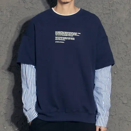 奕飏假两件卫衣男学生青少年秋装条纹拼接韩版圆领上衣休闲宽松潮商品大图