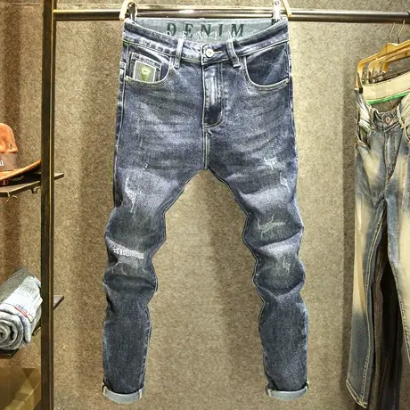 猫须磨破牛仔裤男款修身弹力小脚裤秋冬款潮牌百搭休闲韩版长裤子图片