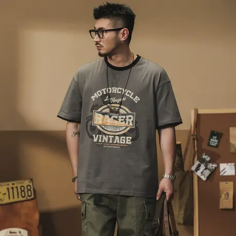 夏季薄款美式T恤重磅水洗宽松上衣男装男士落肩袖短袖半袖翻领商品大图