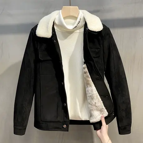 鹿皮绒男士外套加厚2023冬季韩版时尚皮夹克仿羊羔绒潮牌短款棉服图片