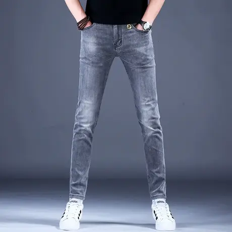 高级烟灰色紧身牛仔裤男款修身小脚裤子2023新款休闲弹力百搭潮牌商品大图