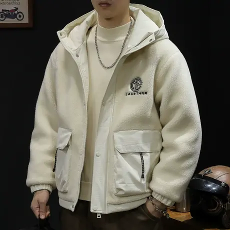 羊羔绒羽绒服男冬季2023新款潮牌大码男士工装外套短款连帽新国标商品大图
