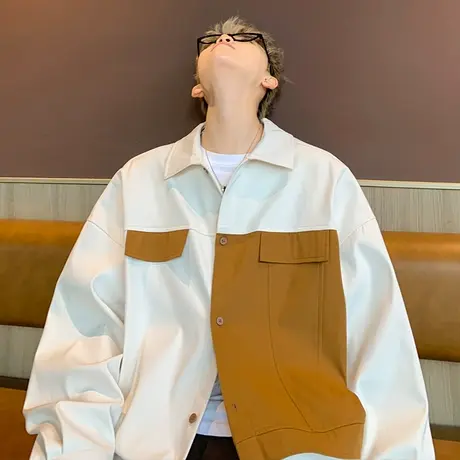 美式复古衬衫男长袖秋季潮牌撞色拼接工装衬衣设计感痞帅炸街外套商品大图