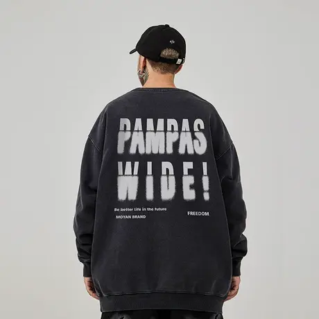 oversize港风圆领卫衣男潮牌字母重磅大码男装春秋季加绒复古做旧图片