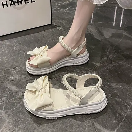 凉鞋女2023夏季新款韩版甜美仙女风温柔厚底露趾时尚蝴蝶结港风鞋商品大图