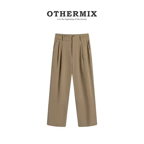 othermix  高腰拖地裤女2024春秋新款气质垂感休闲裤女直筒西装裤商品大图