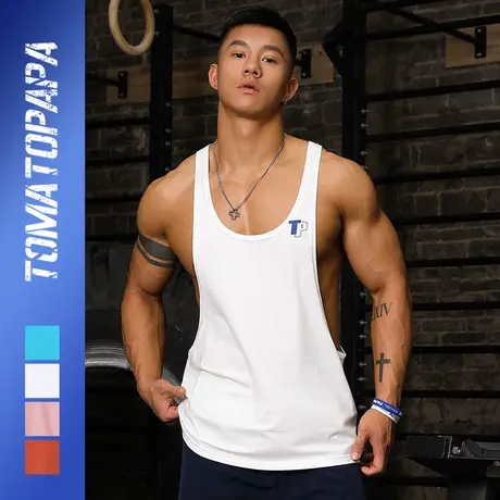TOMATOPAPA原创欧美几何字母印花工字背心男开叉运动健身汗背心潮商品大图