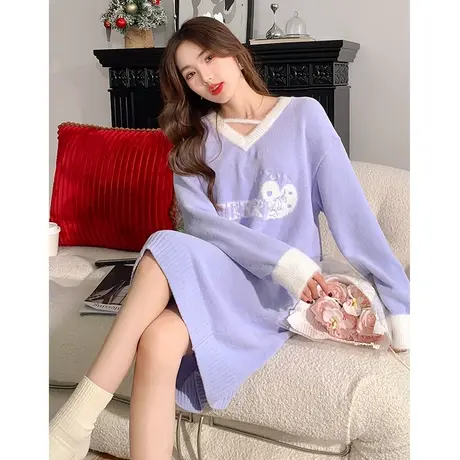 唐狮慵懒风小心机针织连衣裙女秋冬新款紫色仙女裙温柔风毛衣裙q7商品大图