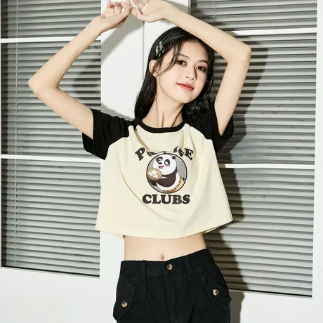 [功夫熊猫联名]唐狮插肩袖短袖T恤女2023新款短款上衣女体恤12.8商品大图