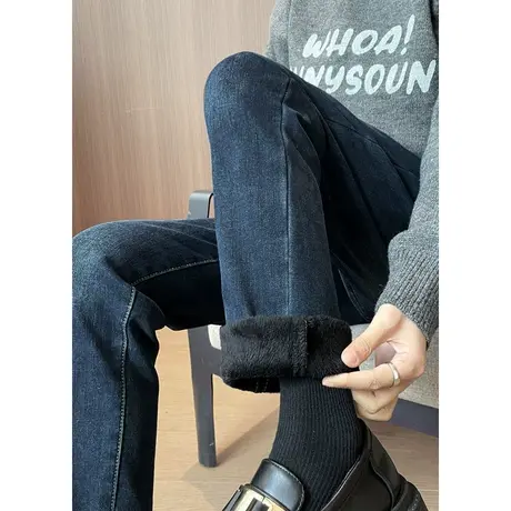 加绒直筒牛仔裤女春秋2023年冬季新款小个子高腰显瘦九分烟管裤子商品大图