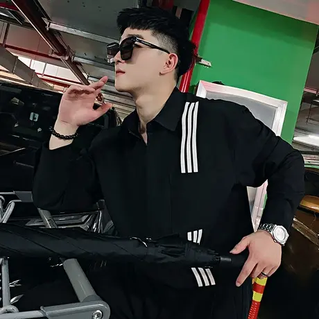 2023新款春秋季韩版ins长袖衬衫男竖条纹设计感个性休闲衬衣外套商品大图