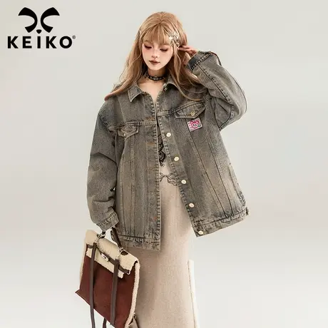 KEIKO 美式复古牛仔外套女2024早春酷感工装风宽松毛绒夹克上衣图片