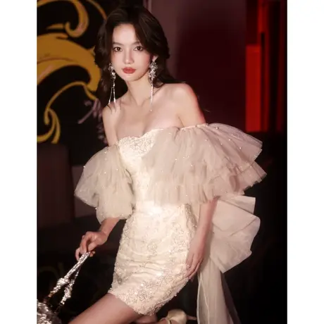 小晚礼服裙女轻奢小众高端法式成人礼派对高定生日婚纱钢琴演奏商品大图