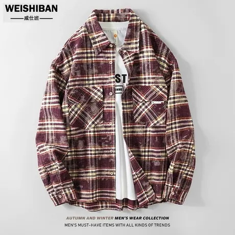 潮牌美式格子衬衫男外套春秋季2024新款慵懒风姜黄色格纹复古衬衣商品大图