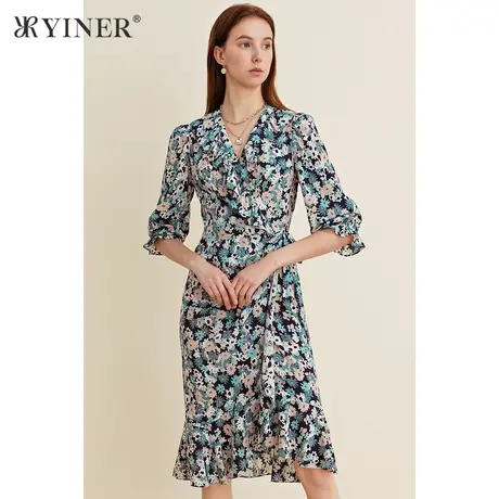 YINER音儿女装夏季五分袖V领真丝桑蚕丝连衣裙图片