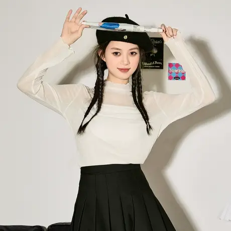 唐狮半高领肌理内搭打底衫女春季新款高级感上衣网纱薄款针织衫xz图片