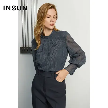 INSUN恩裳春季不规则压褶蕾丝通透感衬衫图片