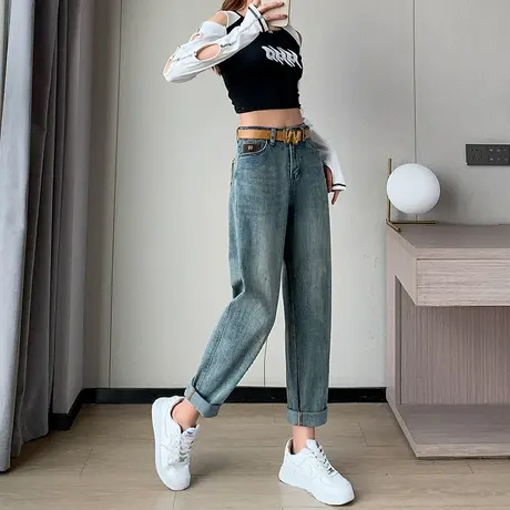 哈伦牛仔裤女春秋季2024年新款高腰小个子复古宽松直筒萝卜老爹裤商品大图