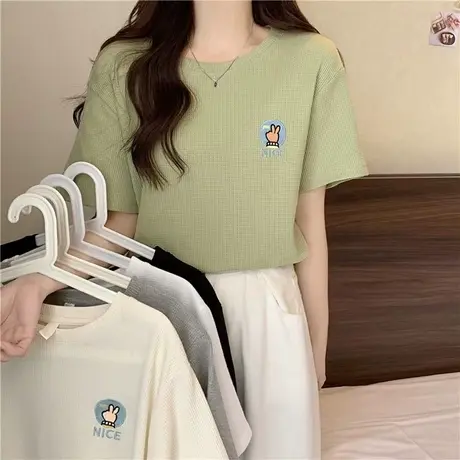 ins超火华夫格刺绣短袖T恤女早春夏季宽松百搭内搭打底衫半袖上衣图片