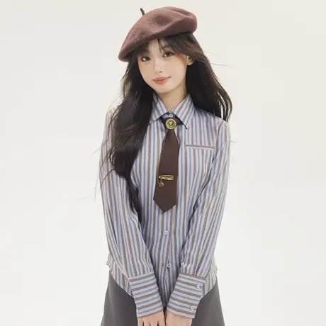 尔给2024早春新款衬衣收腰修身长袖复古港风chic条纹衬衫女上衣商品大图