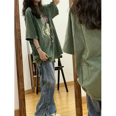 纯棉美式复古短袖t恤女夏季潮牌设计感小众chic港味宽松半袖上衣商品大图