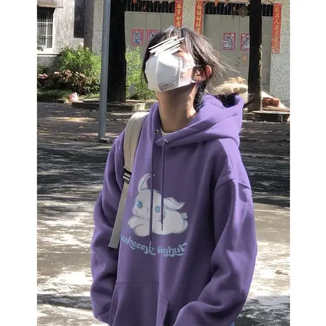 鸢尾紫色连帽卫衣女秋冬季加绒加厚ins潮牌国潮宽松兔子印花外套商品大图