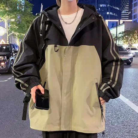 三防冲锋衣男款春秋季撞色拼接连帽夹克男外套青少年港风工装上衣商品大图