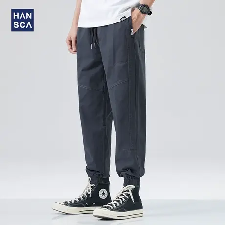 hansca工装休闲裤男夏季新款简约纯色黑色宽松潮流锥形弹力束脚裤商品大图