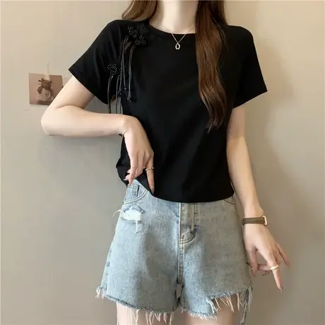 小个子短款流苏设计感小众短袖T恤女夏装修身新中式盘扣体恤上衣商品大图