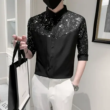 潮牌夏装薄款衬衫男士七分袖韩版痞帅气个性上衣ins短袖新款衬衣商品大图