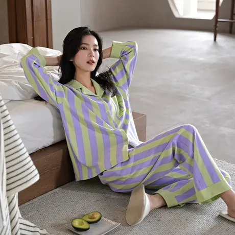 婷美条纹纯棉睡衣女春秋季长袖长裤开衫高级感全棉家居服秋冬套装商品大图