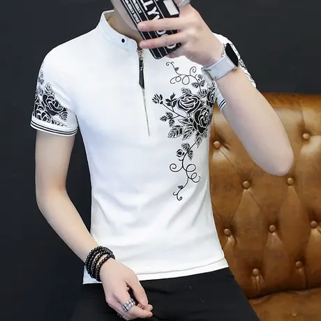 2023新款男士短袖t恤立领半袖体恤男装潮流修身衣服打底衫潮牌丅商品大图