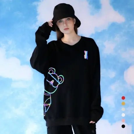 日系长袖卫衣女男秋冬薄款宽松韩版小熊反光套头圆领工作班服定制商品大图